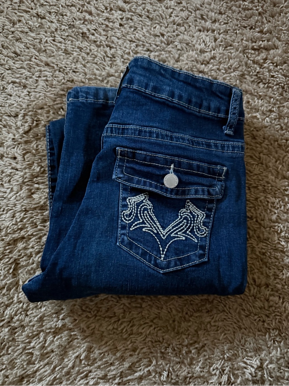 SHEIN Dark Blue Boot Cut Jeans with White Embroidered Pocket